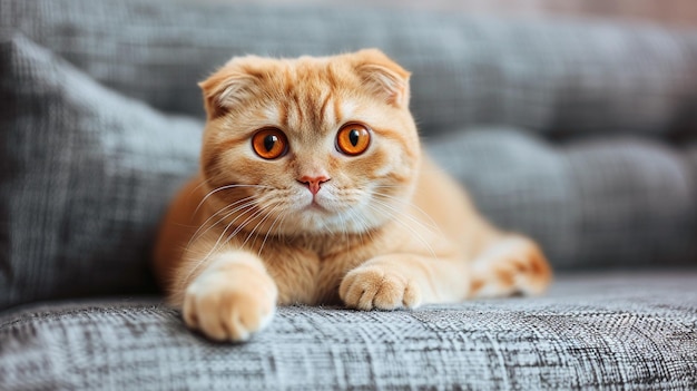 Gato escocês vermelho bonito com olhos laranjas deitado em um sofá de têxteis cinza em casa Generative Ai