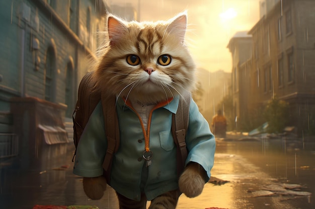 El gato va a la escuela Gato con mochila Regreso a la escuela gato con chaqueta IA generativa