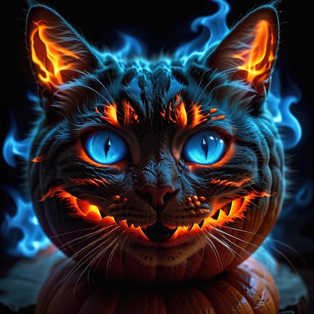 gato escuro de Halloween com abóboras brilhantes e olhos brilhantes