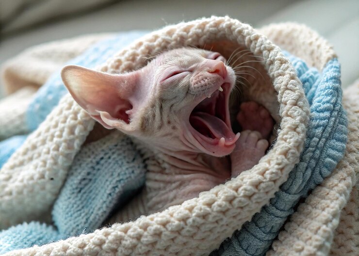 Gato esfinge bostezando dentro de una manta