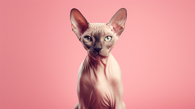 Gato esfinge con fondo rosado en una pose elegante