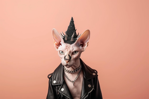 El gato esfinge punk con mohawk y chaqueta de cuero