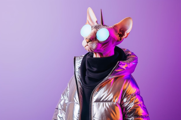 Gato Esfinx futurista con gafas de sol reflectantes y chaqueta holográfica