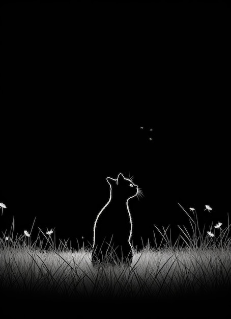 Gato esgueirando-se em um rato de campo minimalista monocromático ilustração em preto e branco