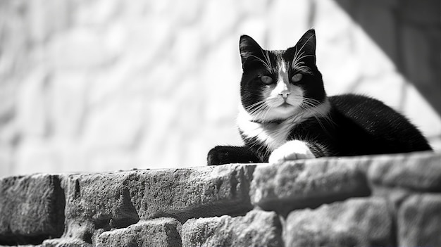 Gato de esmoquin blanco y negro descansando perezosamente en una pared de piedra disfrutando del sol de la tarde