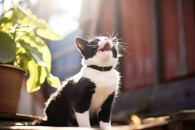 Foto gato de esmoquin bostezando en la luz del sol