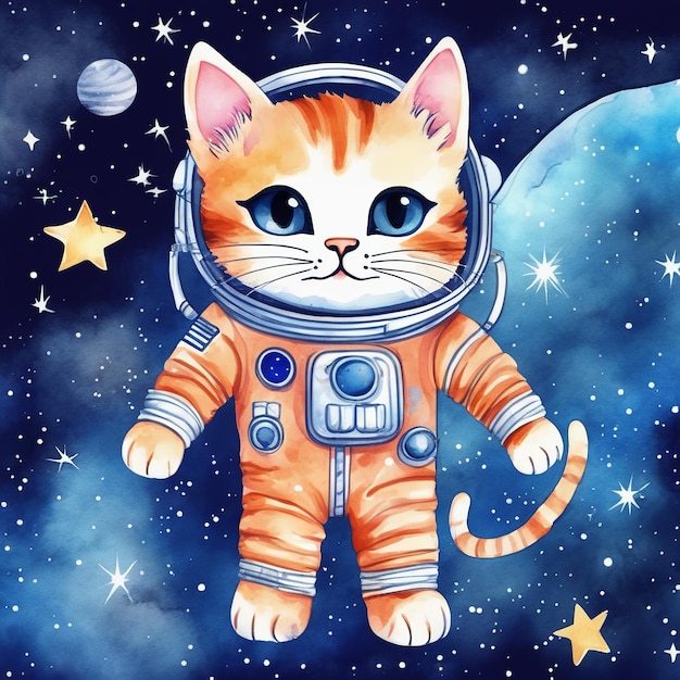 Gato espacial em fato espacial Aquarela ilustração isolada pintada à mão