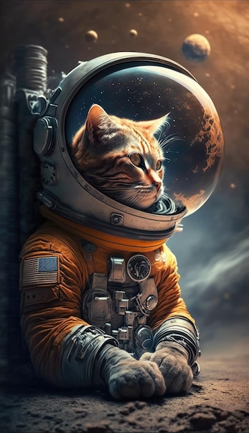 Foto un gato espacial en un traje espacial con un planeta al fondo.