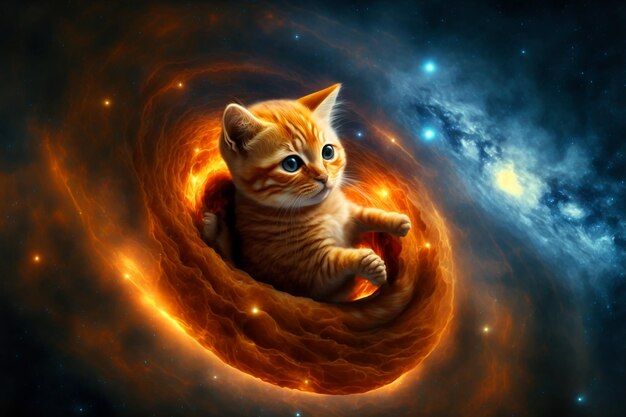 Un gato en el espacio con una nebulosa al fondo.