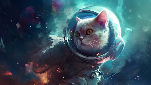 Un gato en el espacio con un traje espacial.