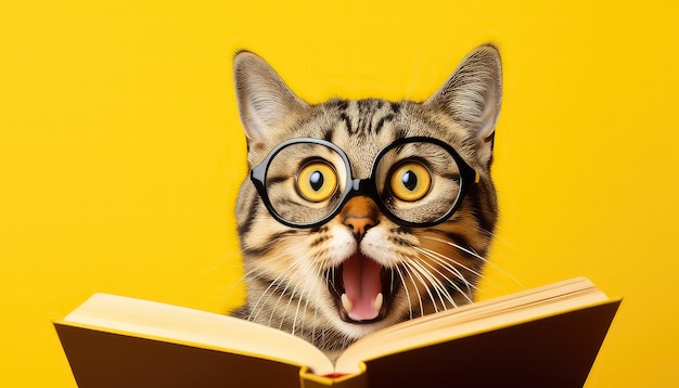 Gato espantado engraçado usa óculos com livro sobre fundo amarelo