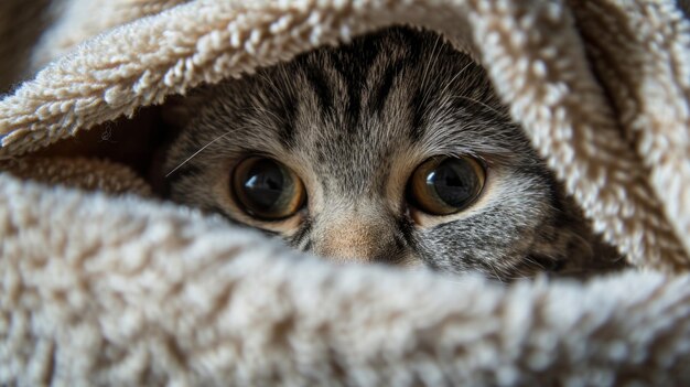 Foto gato espiando debajo de una manta felino curioso encuentra un acogedor escondite