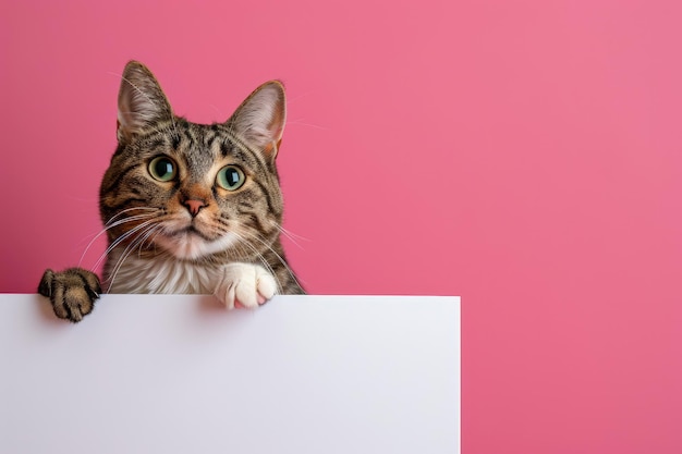 Gato espiando por cima de uma placa em branco