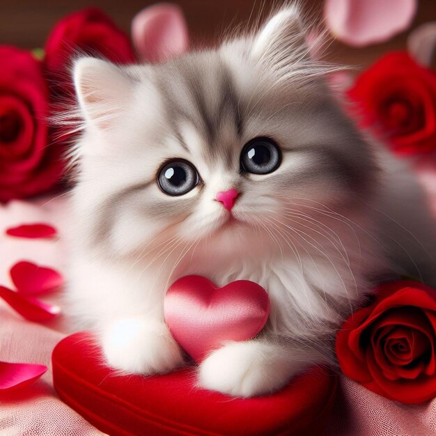 Foto gato esponjoso con un corazón rosado día de san valentín