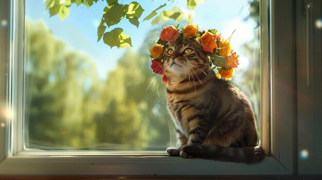 Gato esponjoso con una corona de flores en el alféizar de la ventana