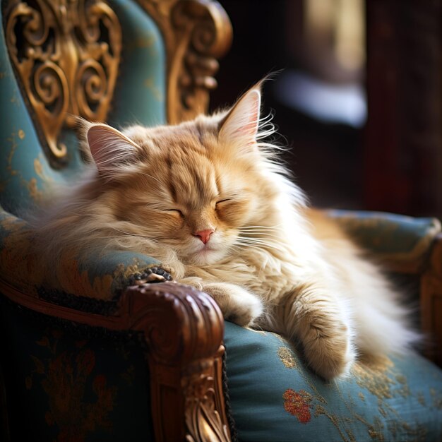 Un gato esponjoso durmiendo en una silla vintage