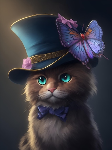 Un gato esponjoso con una mirada respetuosa en un sombrero elegante Generación de IA