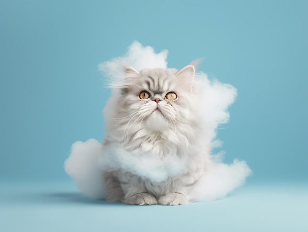 Un gato esponjoso con una nube en la boca.