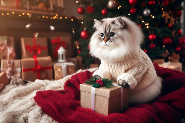 Gato esponjoso en un suéter de punto en el interior navideño junto a una caja de regalos
