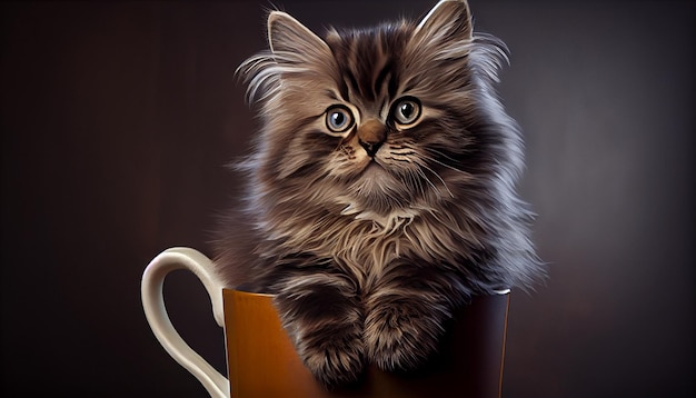 Gato esponjoso y taza IA generativa