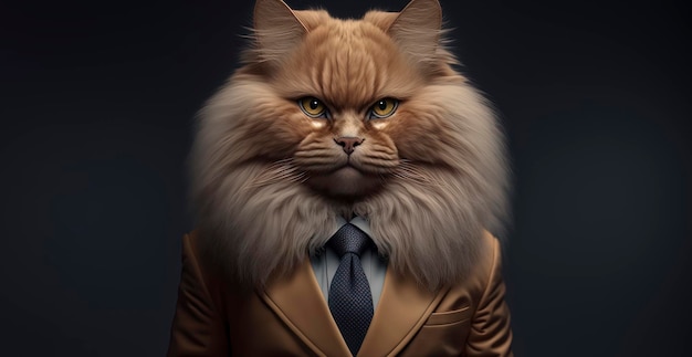 Gato esponjoso vestido con un traje de negocios formal hombre de negocios antropomórfico IA generativa