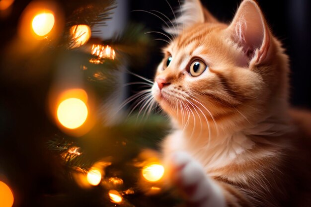 Foto gato espreita a árvore de natal com luzes