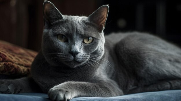 Un gato está acostado en una cama con los ojos abiertos y la palabra gato en la parte inferior derecha.