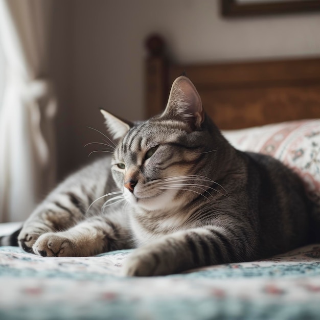 Un gato está acostado en una cama con los ojos cerrados.