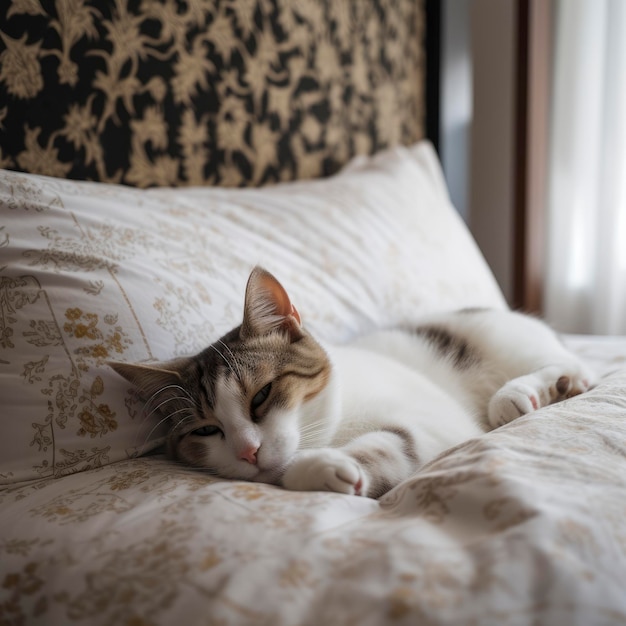 Un gato está acostado en una cama con un patrón dorado y negro en la espalda.