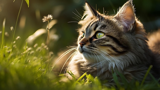 un gato está acostado en la hierba y mirando hacia arriba