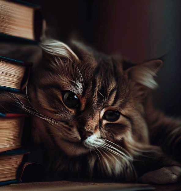 Un gato está acostado en una mesa al lado de una pila de libros.