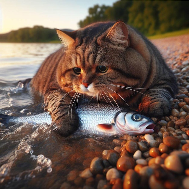 un gato está acostado en una playa con un pez en la cabeza