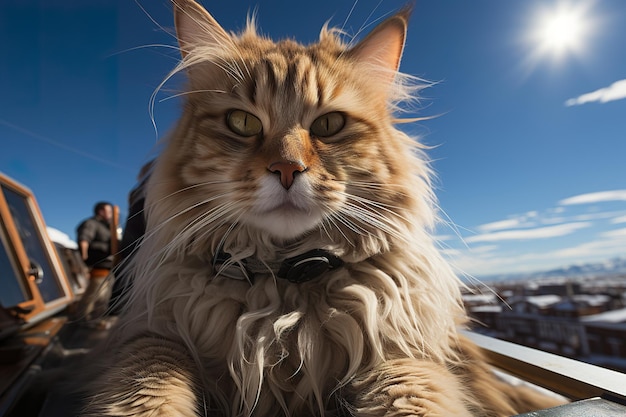 Un gato está acostado en el techo vista gran angular cuerpo completo AI ilustración digital generativo virtual