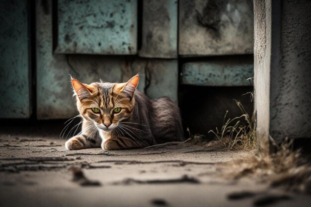 un gato está acostado en la tierra debajo de una pared