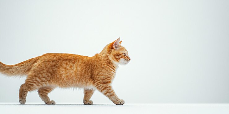un gato está caminando en un fondo blanco con un fondo blanco
