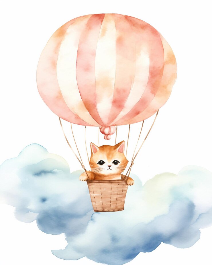 Un gato está en una canasta en la parte superior de un globo de aire caliente