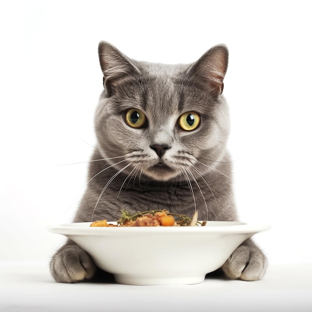 Un gato está comiendo un plato de comida con las patas delanteras.
