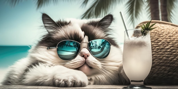 Gato está de férias de verão no resort à beira-mar e descanso relaxante na praia de verão do Havaí