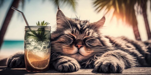 Foto gato está de férias de verão no resort à beira-mar e descanso relaxante na praia de verão do havaí