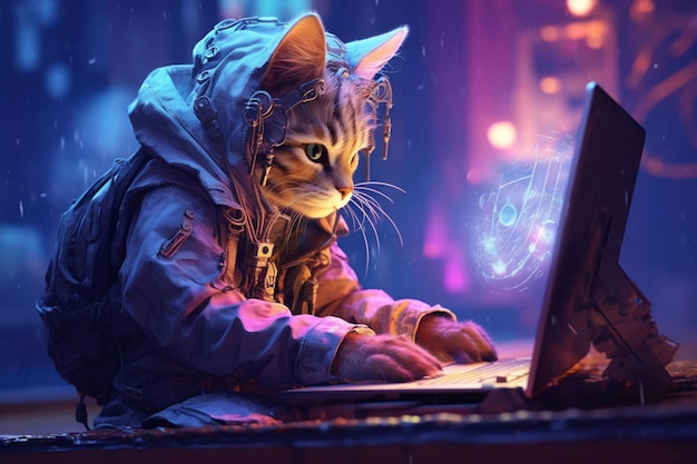 Un gato está escribiendo en una computadora portátil en una habitación oscura.