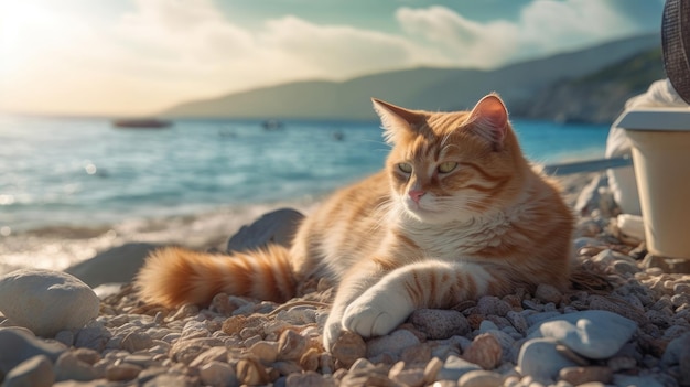 El gato está jugando en la orilla del mar Concepto de viaje y vacaciones AI generado