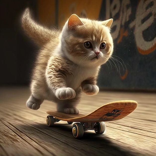 Un gato está jugando en una patineta.