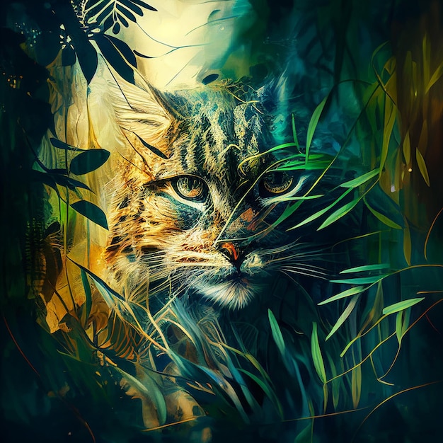 Un gato está en la jungla con hojas verdes.