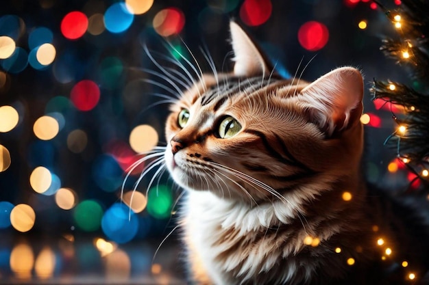 un gato está mirando hacia arriba frente a un árbol de Navidad