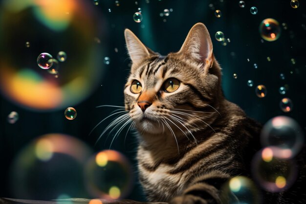 un gato está mirando burbujas en el aire