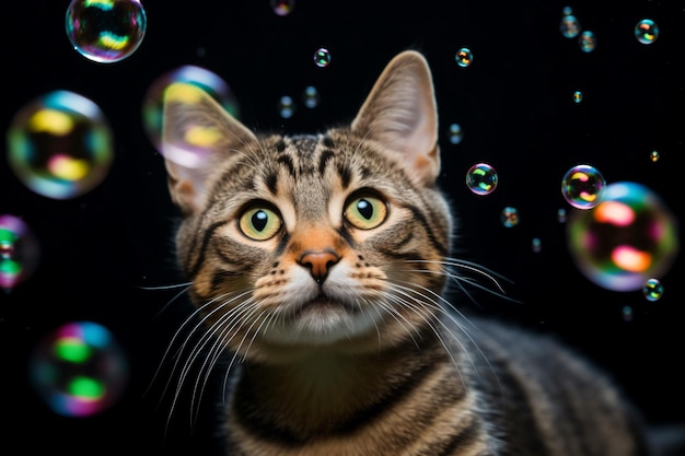 un gato está mirando burbujas en el aire