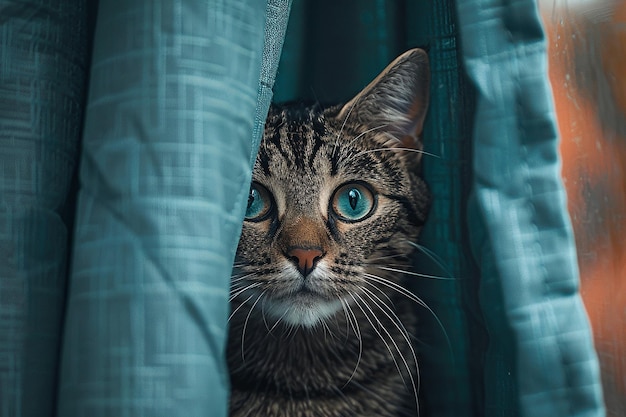 un gato está mirando por una cortina que tiene un ojo azul