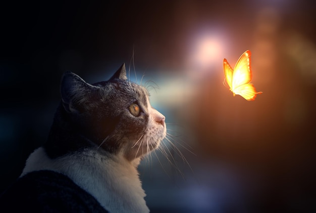 El gato está mirando a la mariposa de luz fantástica.