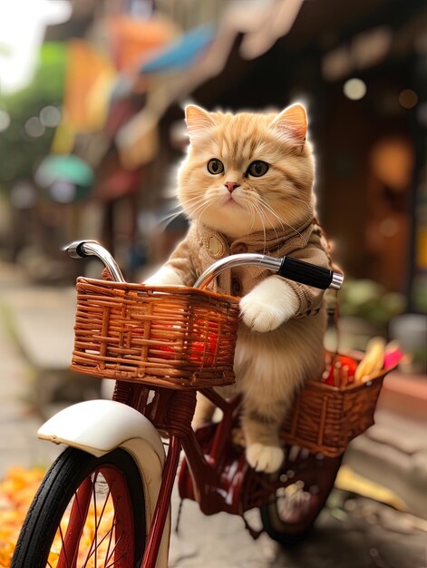 un gato está montando una bicicleta con una canasta en el frente