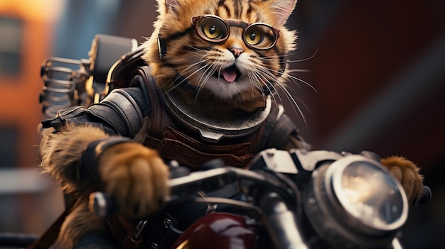 El gato está montando una motocicleta usando un casco y gafas de protección